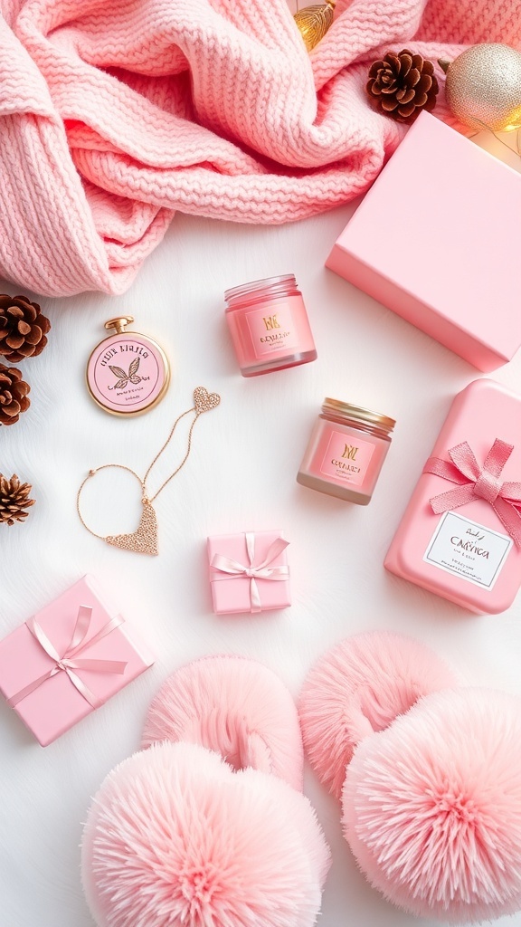 Flat lay of pink Christmas gifts including a blanket, jewelry, candles, and slippers on a festive background.